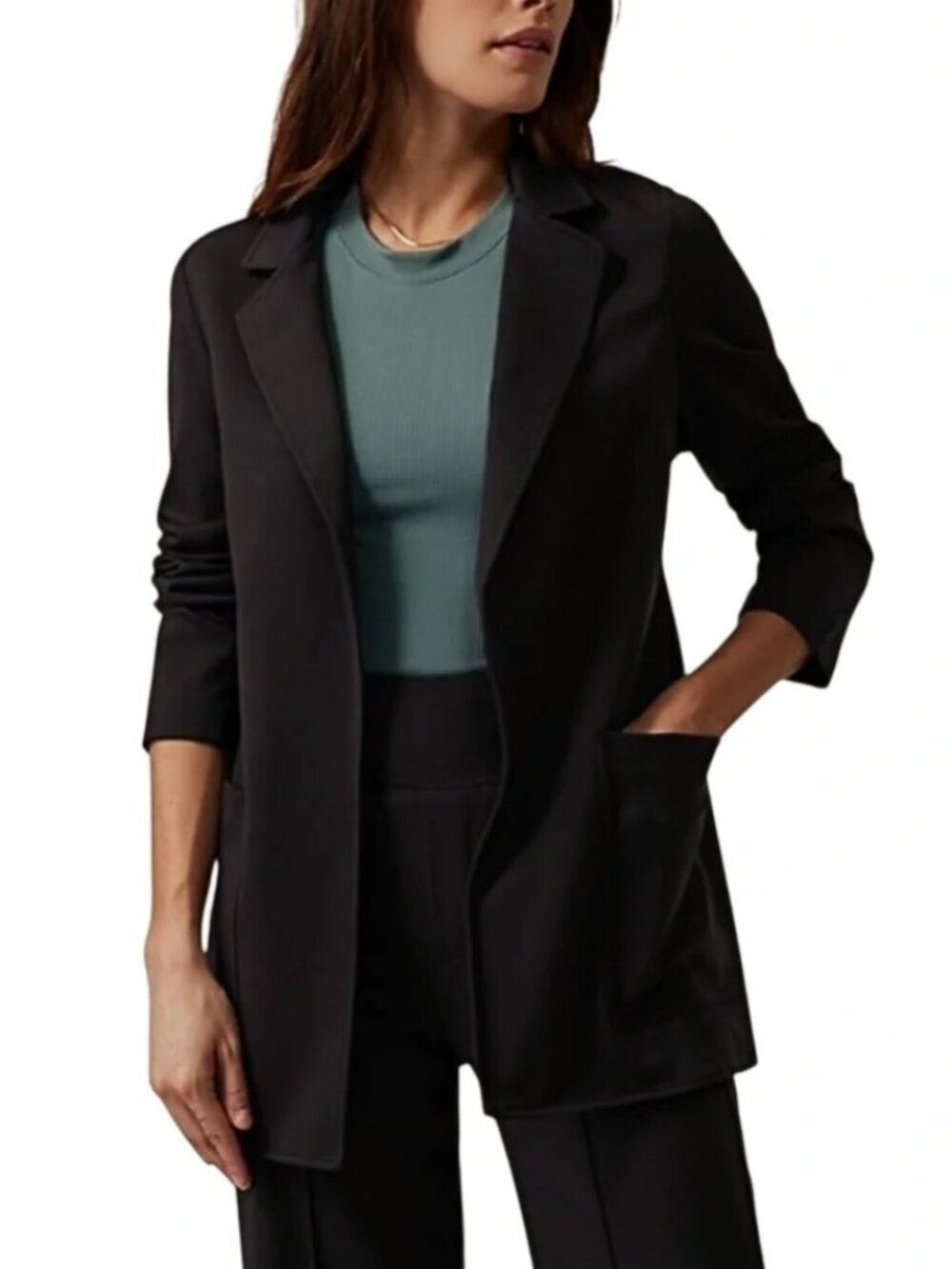 Athleta Women's Size 0 Black Eastbound Open Front Ponte Knit Blazer Jacket